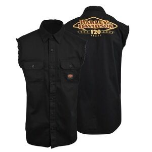 Harley Davidson Men’s Shirt Cutoff Sleeves Black 120th Anniversary Logo Size XL